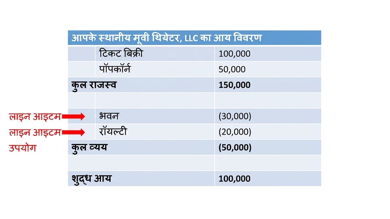 लाइन आइटम्स और सबटोटल्स हाइलाइट के साथ रेवेन्यू वाला इनकम स्टेटमेंट
