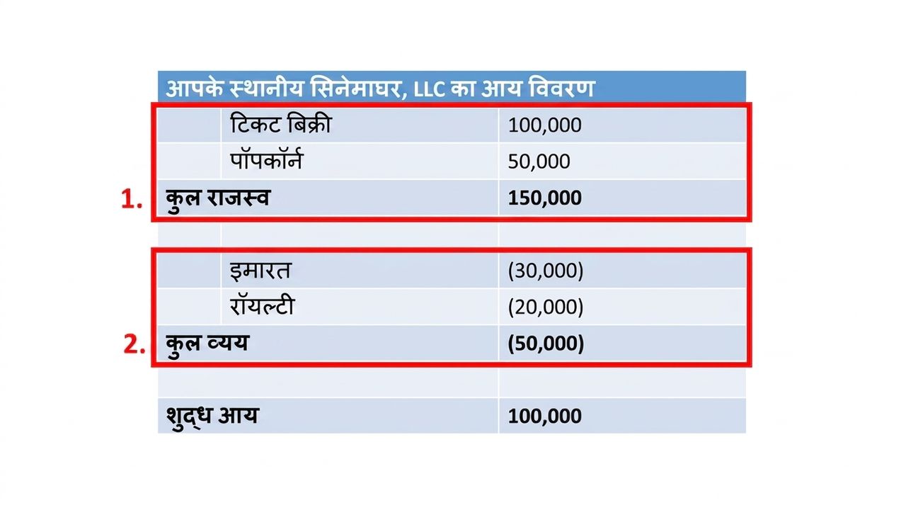 रेवेन्यू और एक्सपेंसेज़ लाल बॉक्स में दिखाए गए इनकम स्टेटमेंट का उदाहरण
