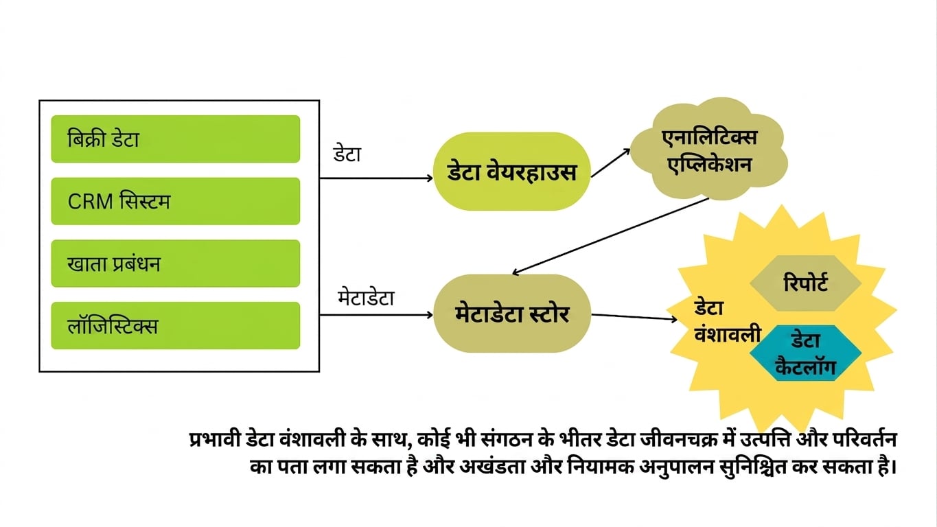 बाएँ की सिस्टम डेटा, मेटाडेटा मैनेजमेंट के माध्यम से रिपोर्ट और डेटा कैटलॉग में रूपांतरित