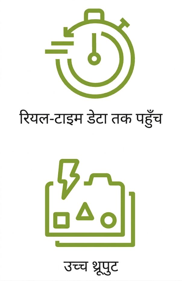रियल-टाइम डेटा एक्सेस और हाई थ्रूपुट दिखाते दो आइकन.