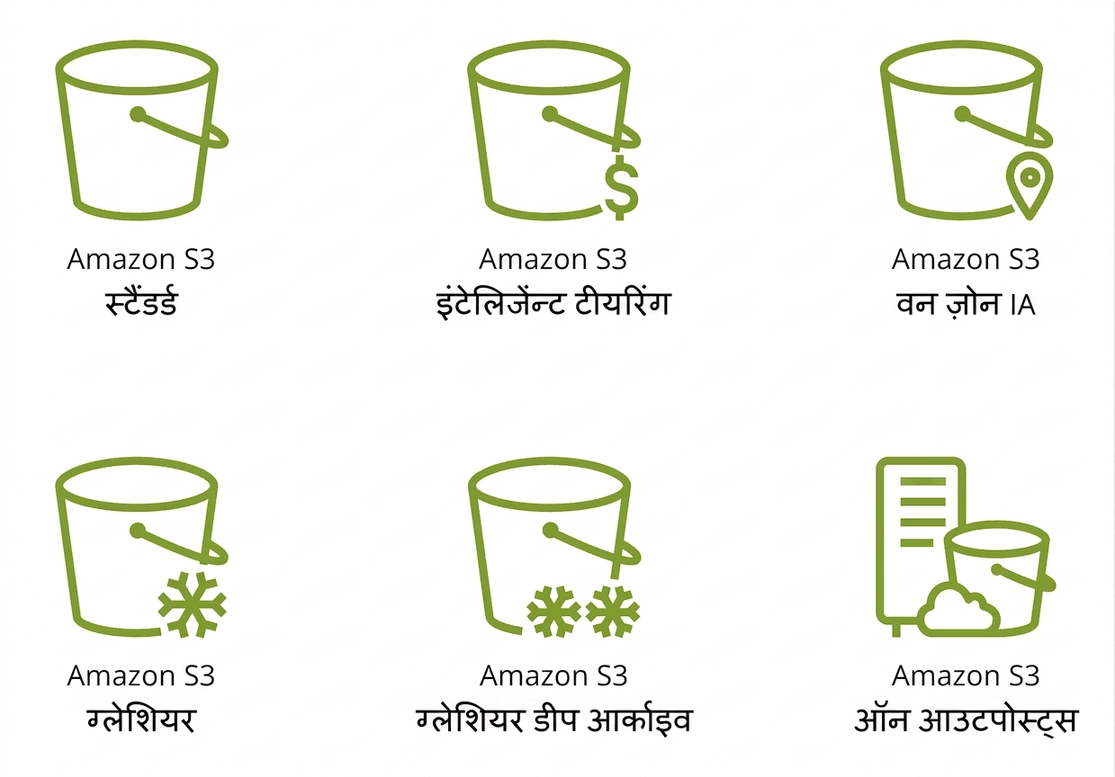 S3 में उपलब्ध छह स्टोरेज क्लासेज़ दर्शाते छह आइकन.