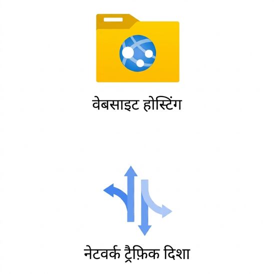 वेबसाइट होस्टिंग और नेटवर्क ट्रैफ़िक दिशा दिखाते दो आइकन्स.