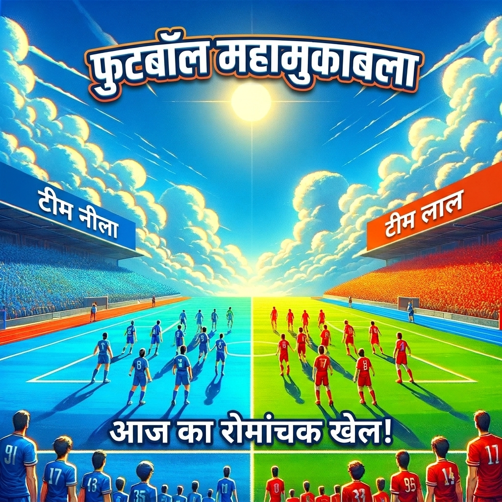 एक-दूसरे के खिलाफ खेलती लाल और नीली फ़ुटबॉल टीमें
