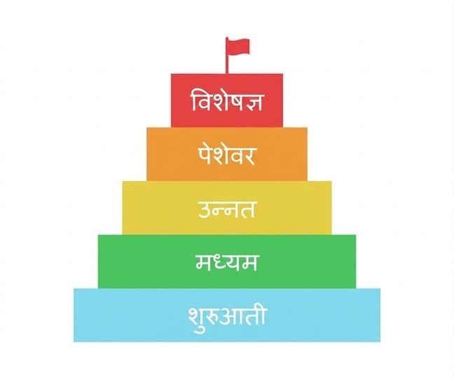पिरामिड जो शुरुआती से मास्टर तक अलग रंगों के स्तर दिखाता है