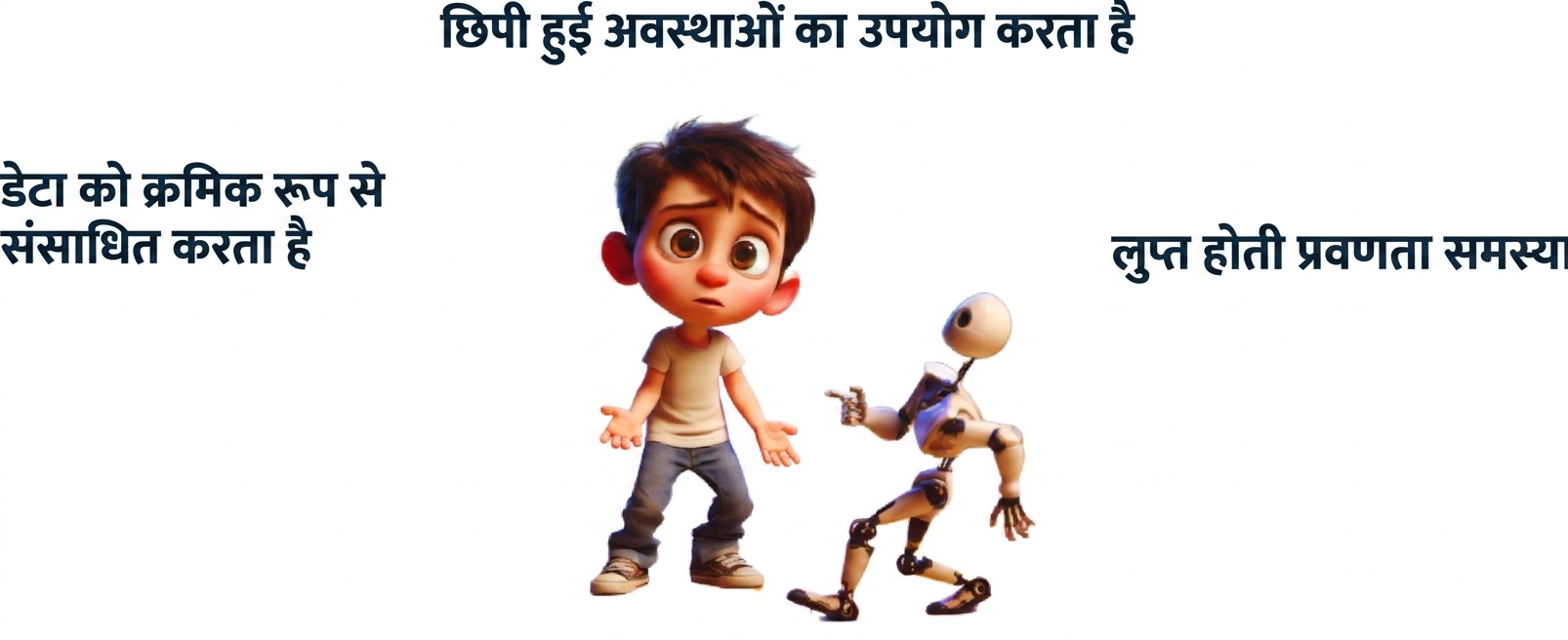 छोटे रोबोट के साथ उलझन में दिखता लड़का - चित्रण