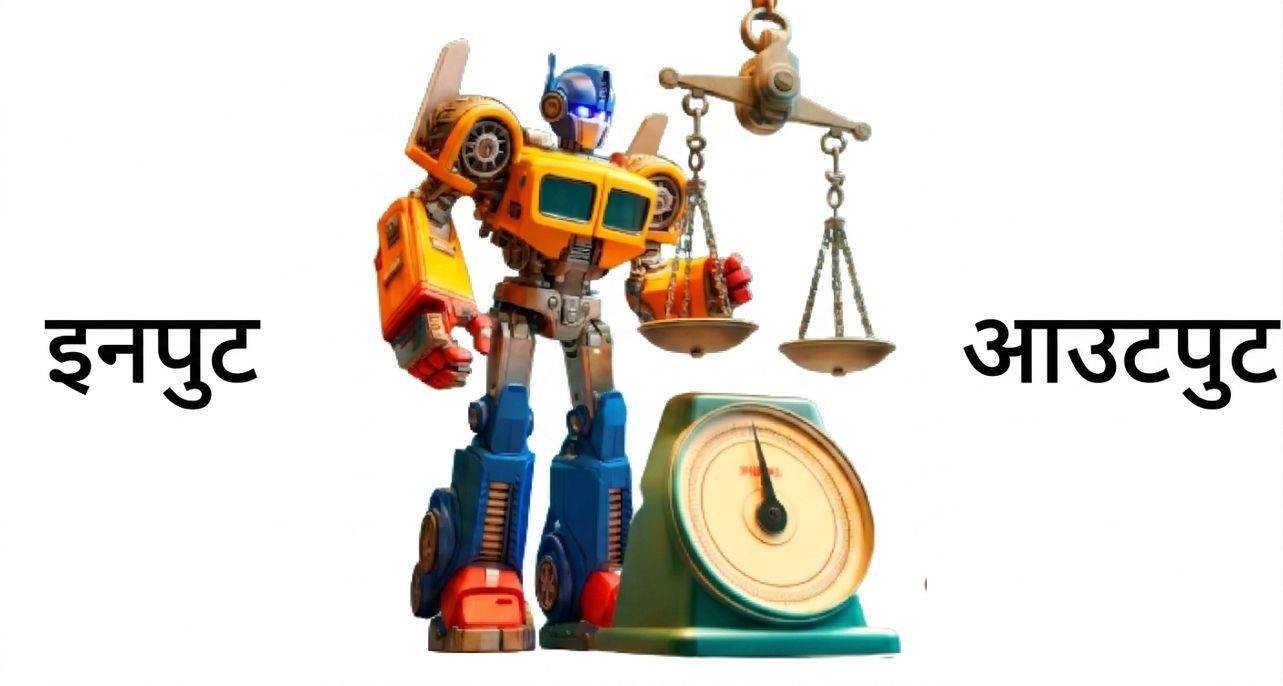 Transformer-जैसा रोबोट किरदार एक तराजू के पास
