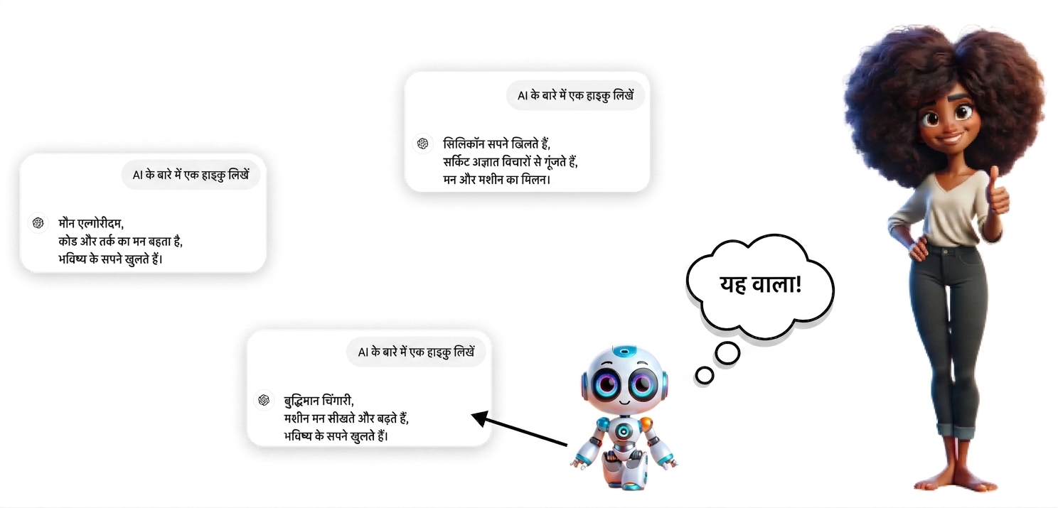 एक चित्रण: एक महिला और रोबोट साथ खड़े हैं; महिला थम्स-अप दे रही है। स्क्रीन पर AI पर तीन हाइकू दिख रहे हैं। महिला और रोबोट के विचार बुलबुले में 'This one!' लिखा है