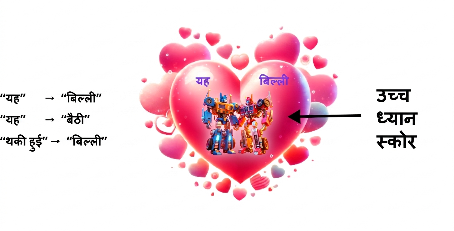चित्र में दो रंग-बिरंगे रोबोट एक बड़े गुलाबी दिल के अंदर हैं, चारों ओर छोटे दिल हैं। बाएँ रोबोट पर "it" और दाएँ पर "the cat" लिखा है। दिल के बाएँ तरफ ऊपर से नीचे तीन नीले टेक्स्ट स्निपेट हैं: "the cat", "sat", और "the cat".