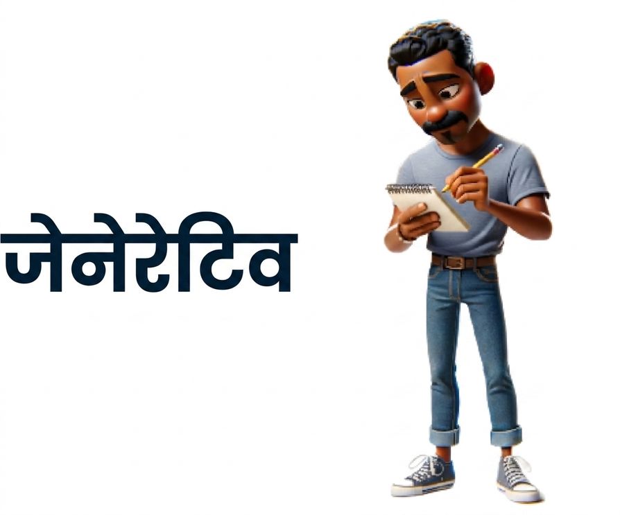 एक चित्रण: एक व्यक्ति पेंसिल से नोटबुक में लिख रहा है। बाईं ओर 'Generative' लिखा है