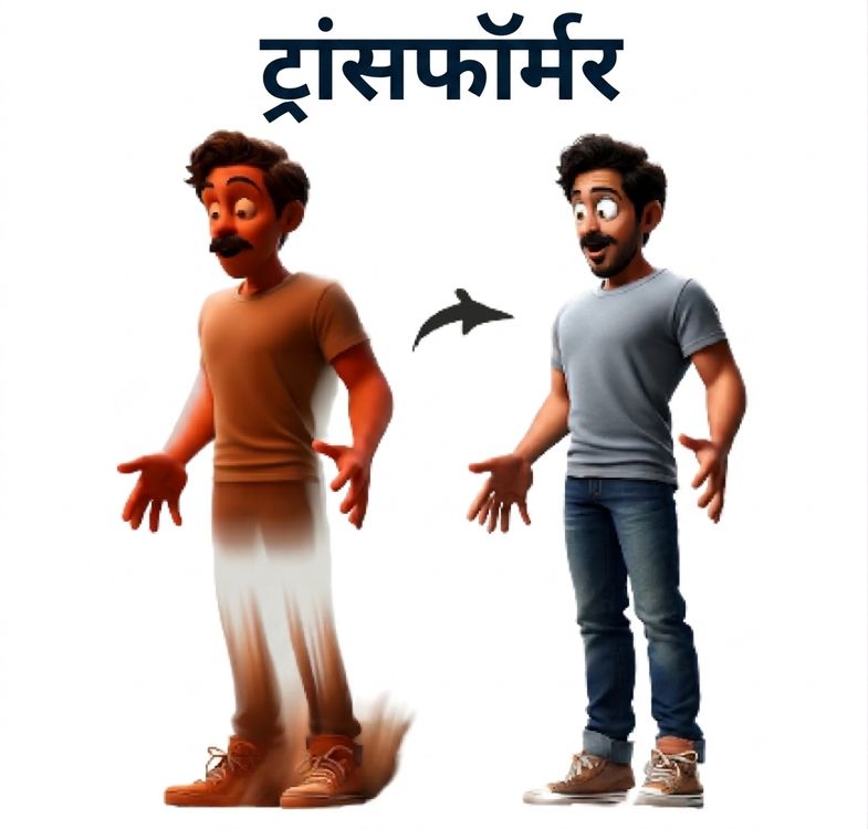 एक चित्रण: एक व्यक्ति एक अवस्था से दूसरी में बदल रहा है, ऊपर 'Transformer' लिखा है