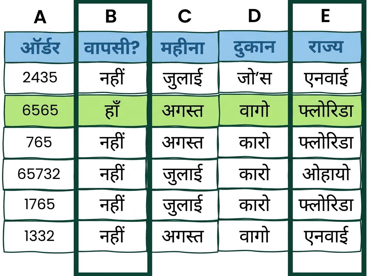 दो AND शर्तों वाली Excel टेबल का उदाहरण