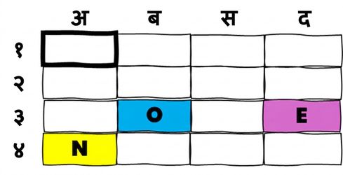 An Excel table with several coloured cells with letters