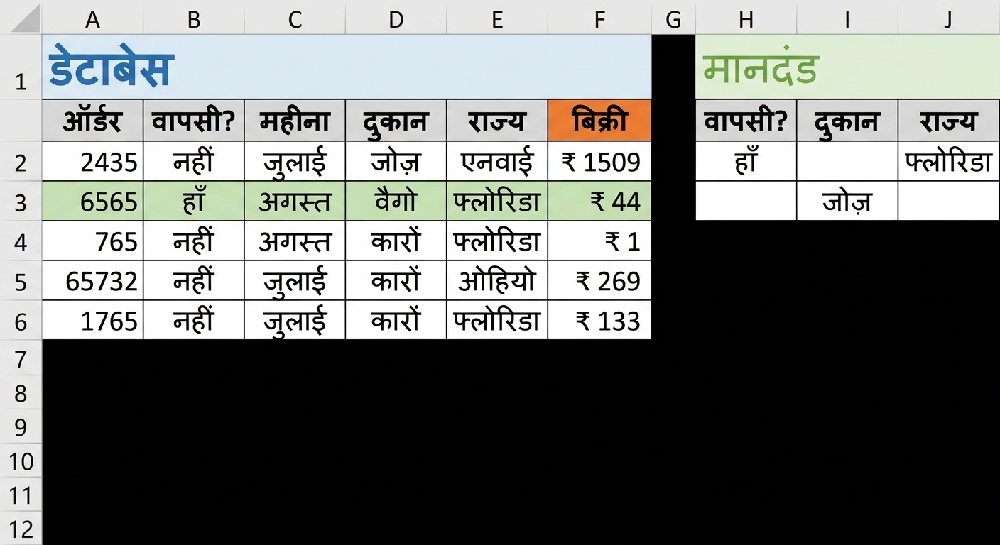 Excel में database functions और conditions का उदाहरण