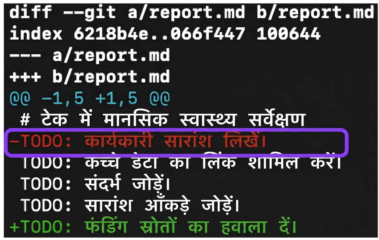 git diff आउटपुट जिसमें एक तीर पाँचवीं लाइन "@@ -1, 5 +1, 5 @@" की ओर इशारा कर रहा है, जो दोनों वर्ज़न की शुरुआत और अंत की लाइनें दर्शाता है