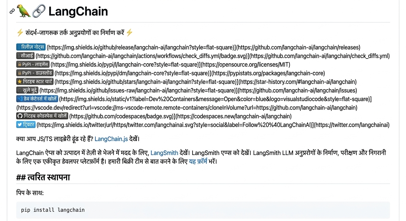 LangChain के GitHub रिपॉज़िटरी में README फ़ाइल बनाने के लिए उपयोग किया गया रॉ मार्कडाउन.