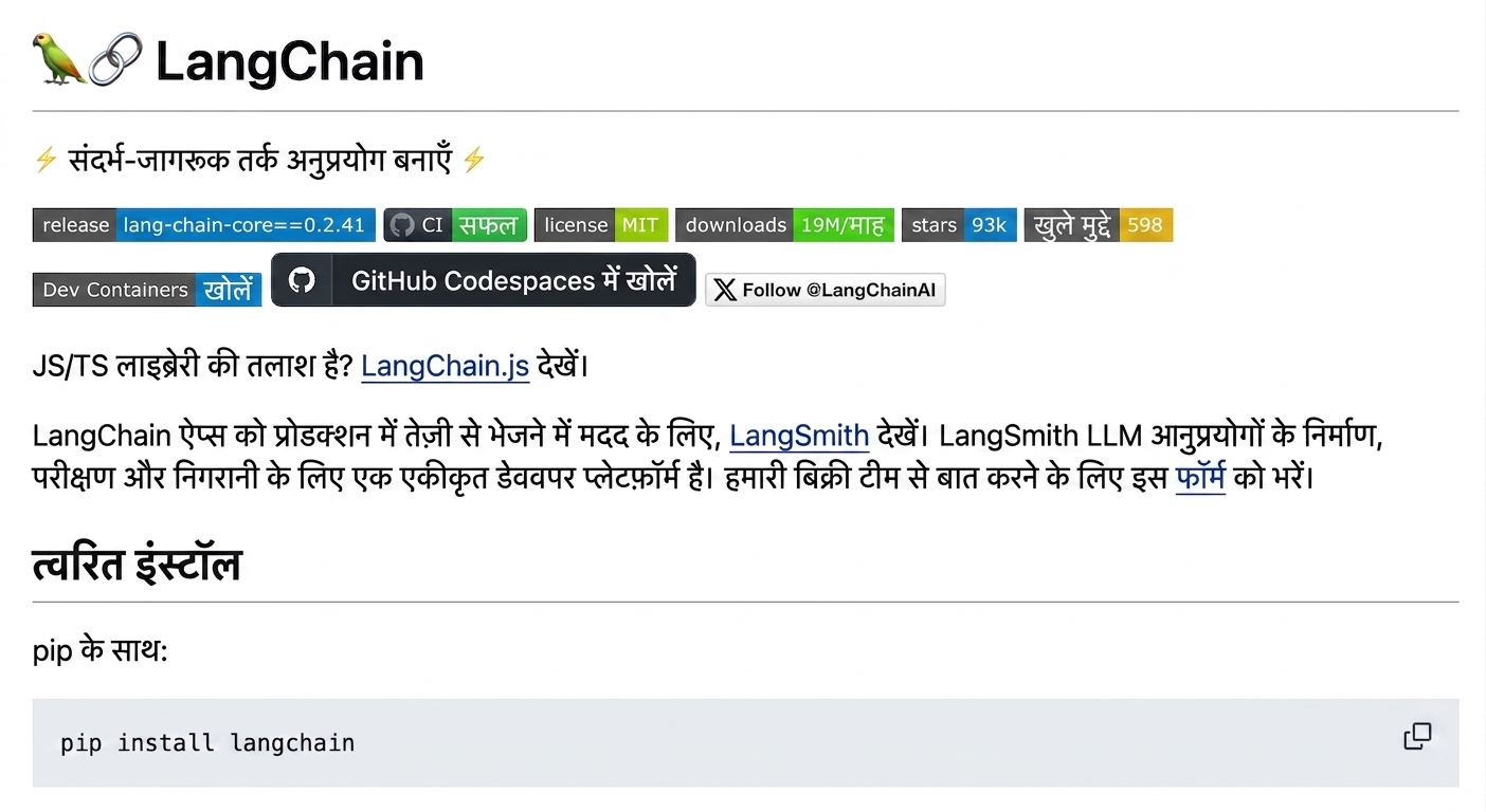 LangChain की GitHub README.md फ़ाइल से रेंडर किया गया मार्कडाउन.