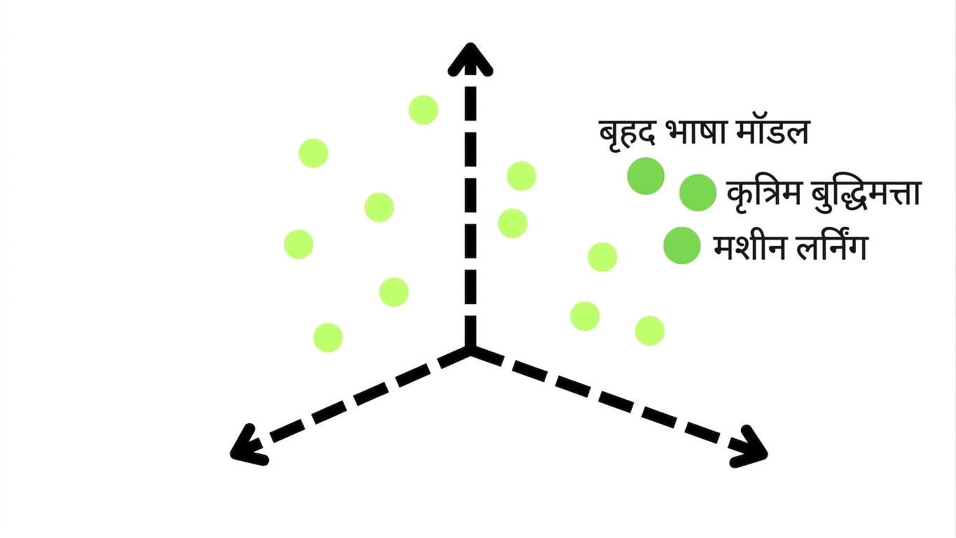 एक वेक्टर स्पेस जिसमें मिलते-जुलते टर्म साथ समूहित हैं: Large Language Model, AI, और Machine Learning.