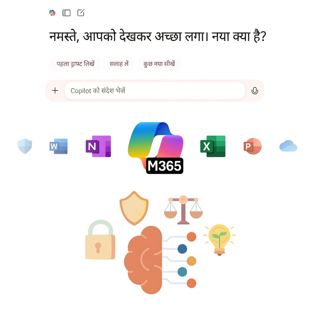 Copilot चैट, Copilot 365 आइकन, और जिम्मेदार AI का आइकन प्रतिनिधित्व
