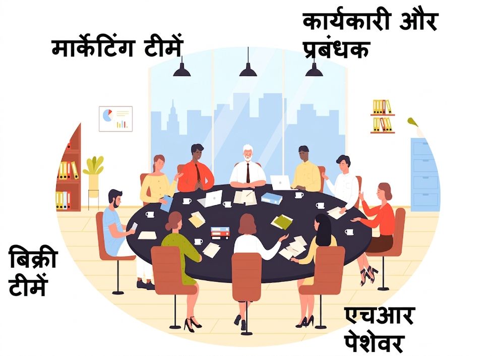 विभिन्न प्रोफेशनल्स का समूह, जिनमें मार्केटिंग, सेल्स, HR प्रोफेशनल्स और एग्ज़िक्यूटिव शामिल हैं, मीटिंग रूम में बड़ी कॉन्फ्रेंस टेबल के आसपास बैठे हैं।