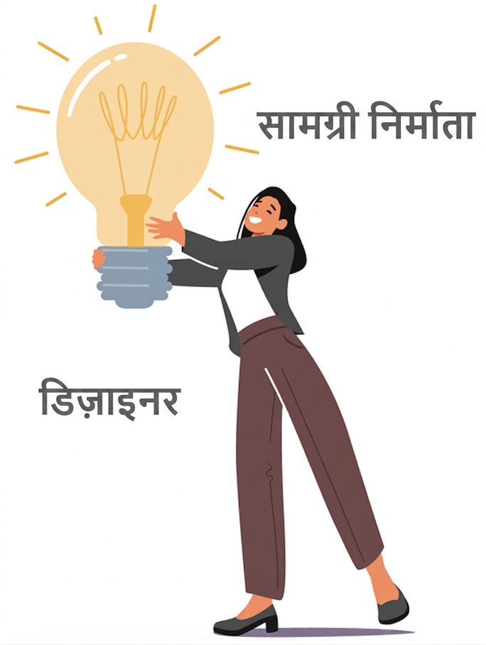 एक कंटेंट क्रिएटर या डिज़ाइनर बड़ा बल्ब पकड़े हुए, कंटेंट क्रिएशन और डिज़ाइन रोल्स को दर्शाता है।
