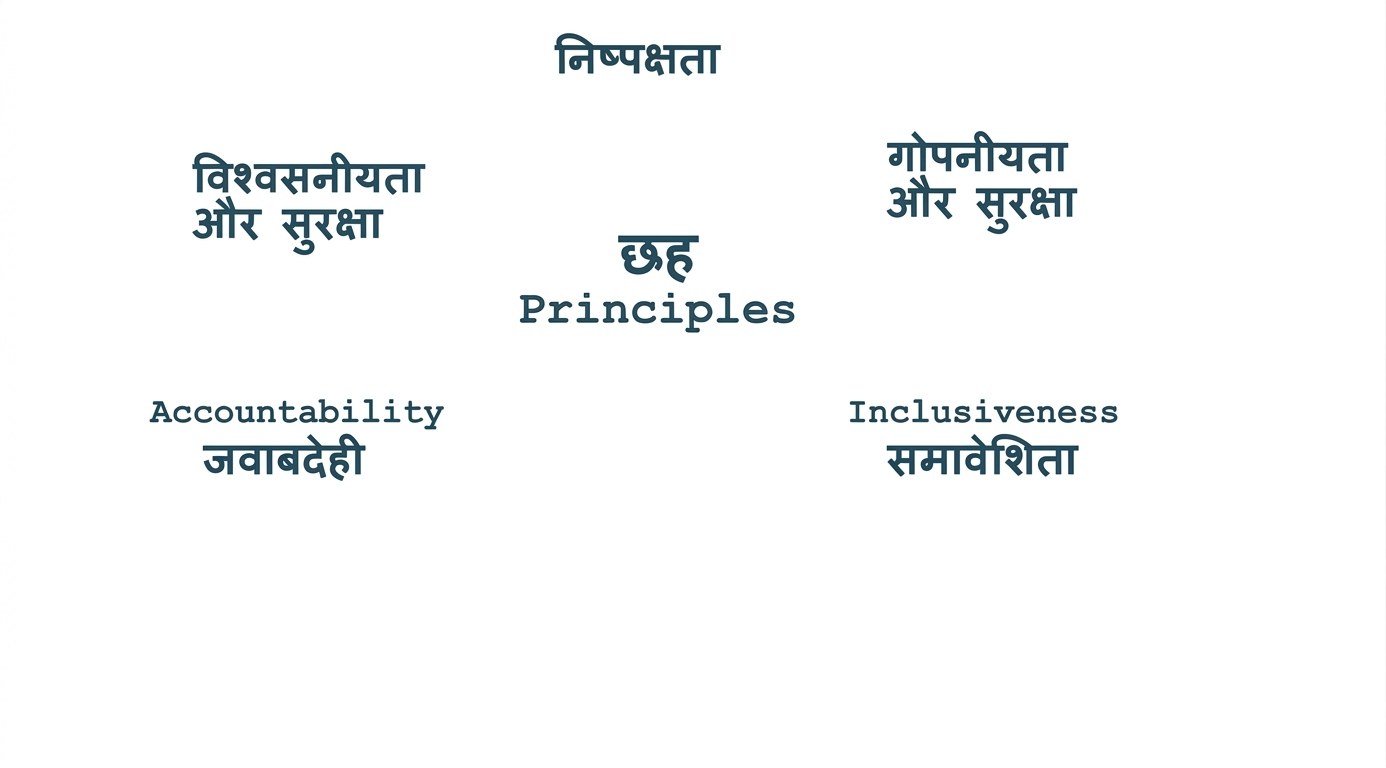 एक टेक्स्ट: "six principles", चारों ओर उन सिद्धांतों के शब्द: fairness, privacy and security, reliability and safety, accountability, inclusiveness