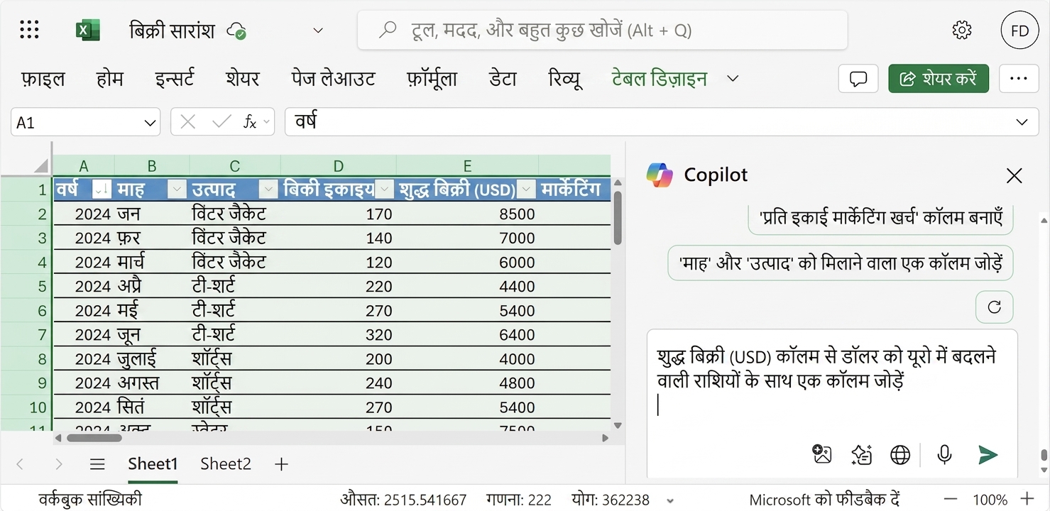 कपड़ों के उत्पादों का डेटा दिखाता खुला Excel डॉक्यूमेंट और साइड में Copilot चैट, जहाँ यूज़र ने मानों को euros में बदलने को कहा है.