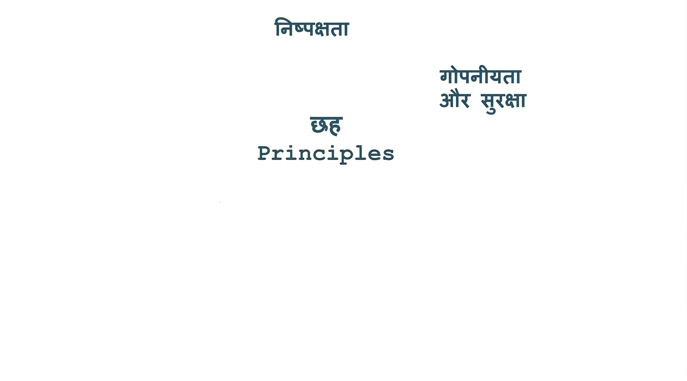 एक टेक्स्ट: "six principles", चारों ओर उन सिद्धांतों के शब्द: fairness, privacy and security