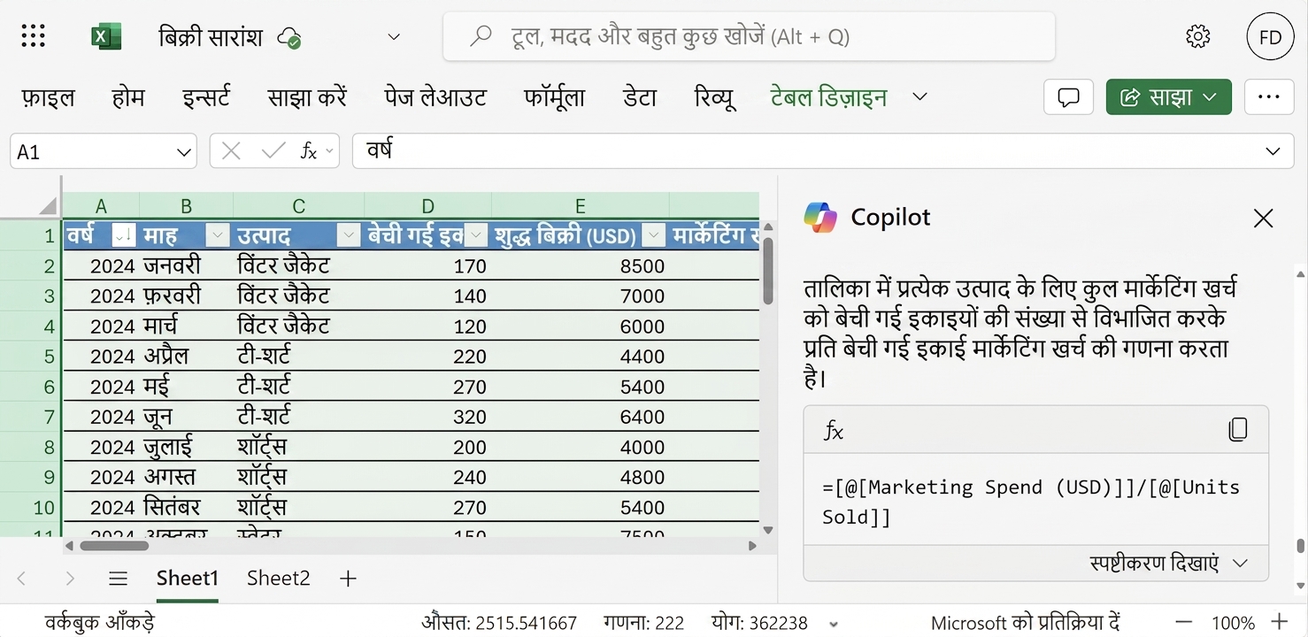 कपड़ों के उत्पादों का डेटा दिखाता खुला Excel डॉक्यूमेंट और साइड में Copilot चैट, जिसमें फॉर्मूला का आउटपुट दिख रहा है.