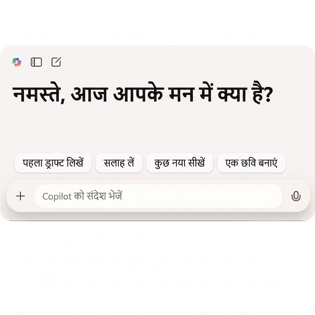 Copilot वेब इंटरफ़ेस का GIF, टेक्स्ट: "What is Microsoft Copilot?" और आउटपुट.
