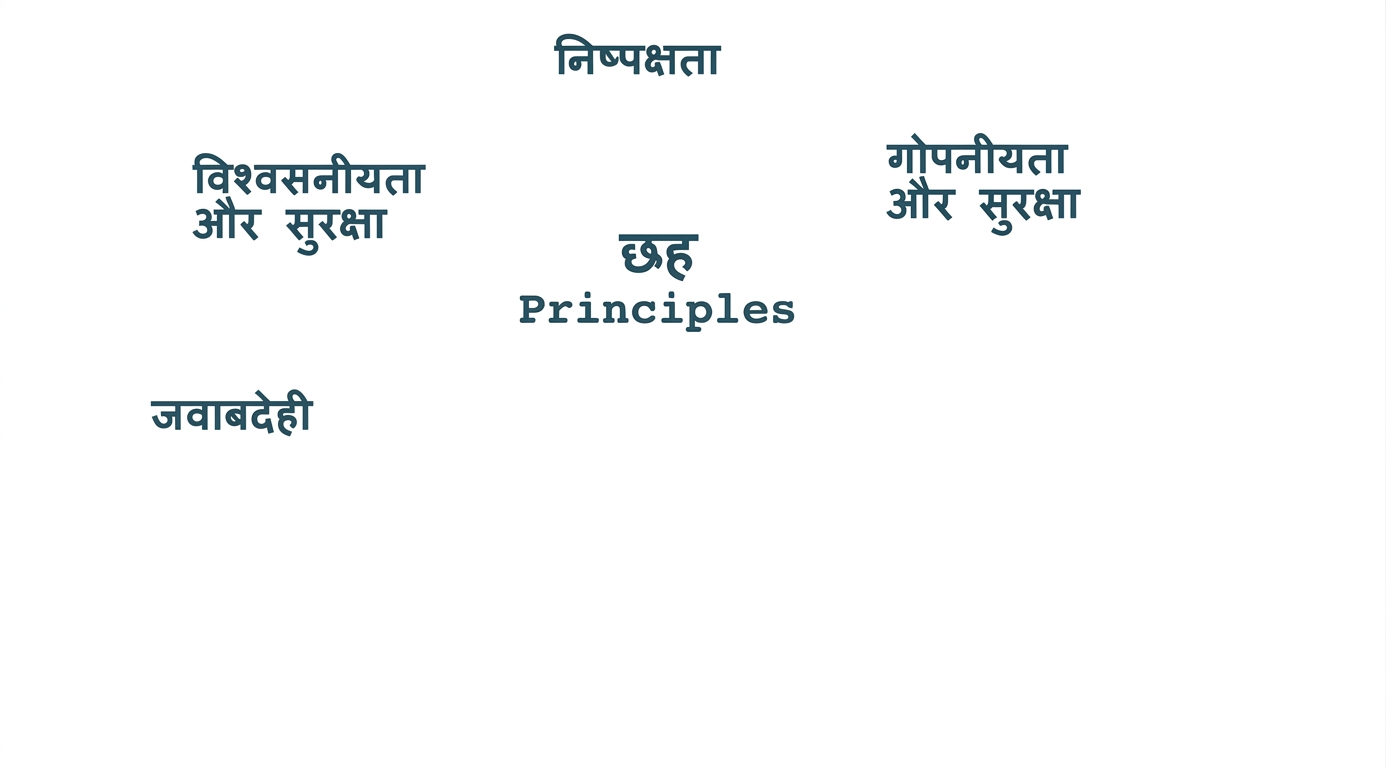 एक टेक्स्ट: "six principles", चारों ओर उन सिद्धांतों के शब्द: fairness, privacy and security, reliability and safety, accountability