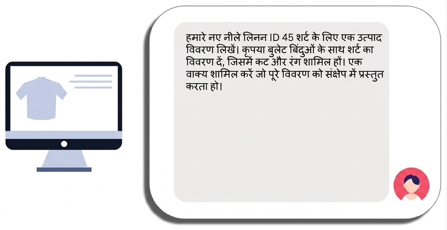 विशिष्ट प्रोडक्ट नाम और खास अनुरोधों के साथ शर्ट के प्रोडक्ट विवरण का प्रॉम्प्ट