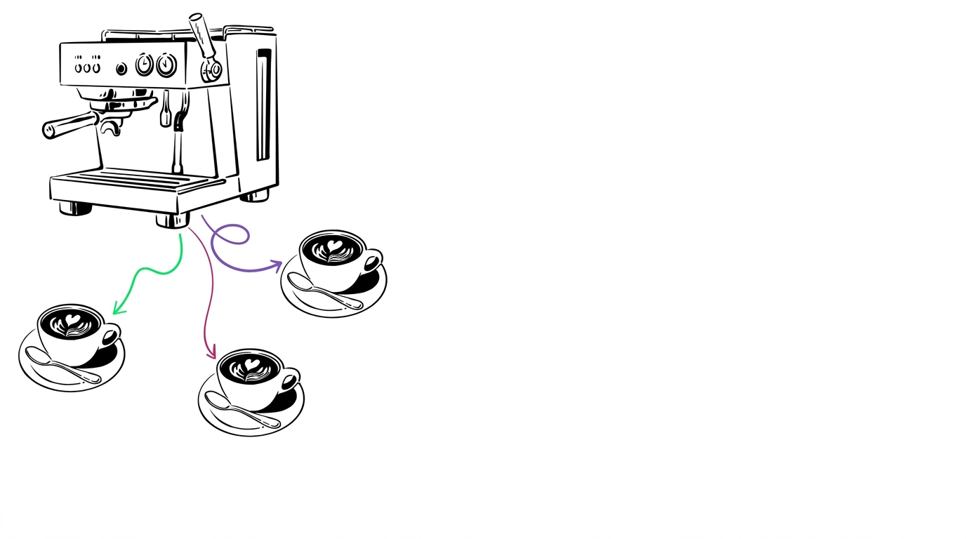 कॉफ़ी मशीन और तीन कप कॉफ़ी