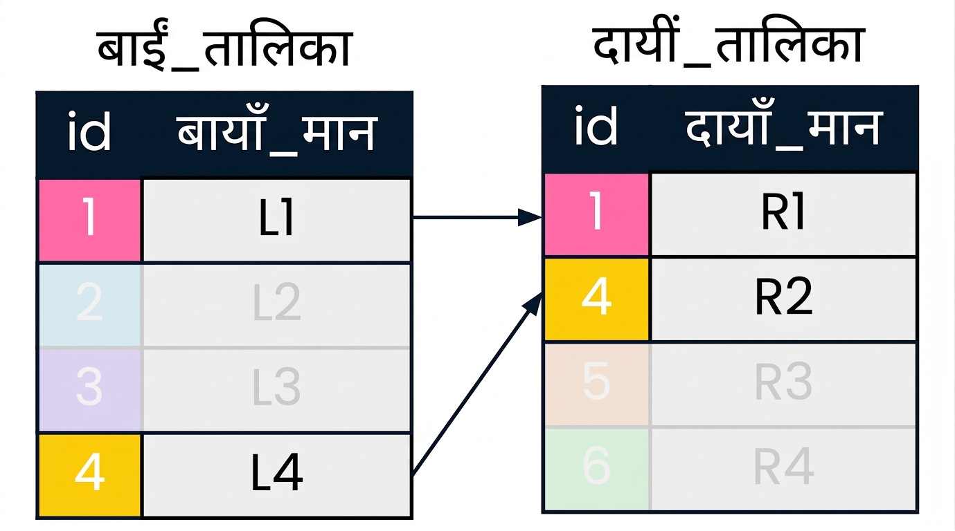एक चित्र जिसमें दो टेबल: left_table और right_table दिखाए गए हैं। left और right टेबल में मिलते id मान एक ही रंग में हैं और तीरों से जुड़े हैं। जो रिकॉर्ड INNER JOIN में नहीं आते, वे फीके कर दिए गए हैं.