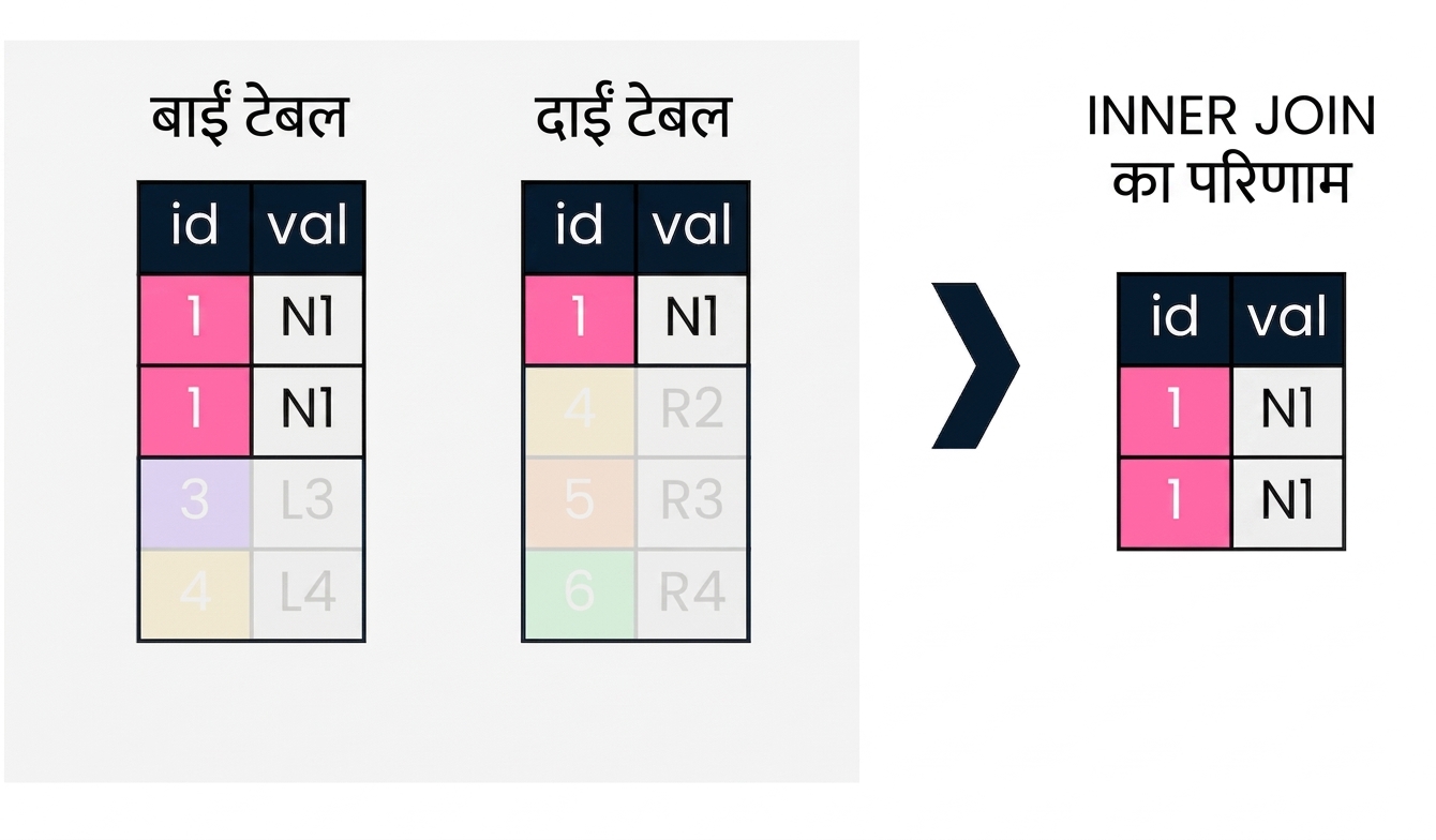एक डायग्राम जिसमें बाएँ और दाएँ दो टेबल हैं। डायग्राम के दाएँ हिस्से में दिखाया है कि दो टेबल पर INNER JOIN करने पर क्या होता है।