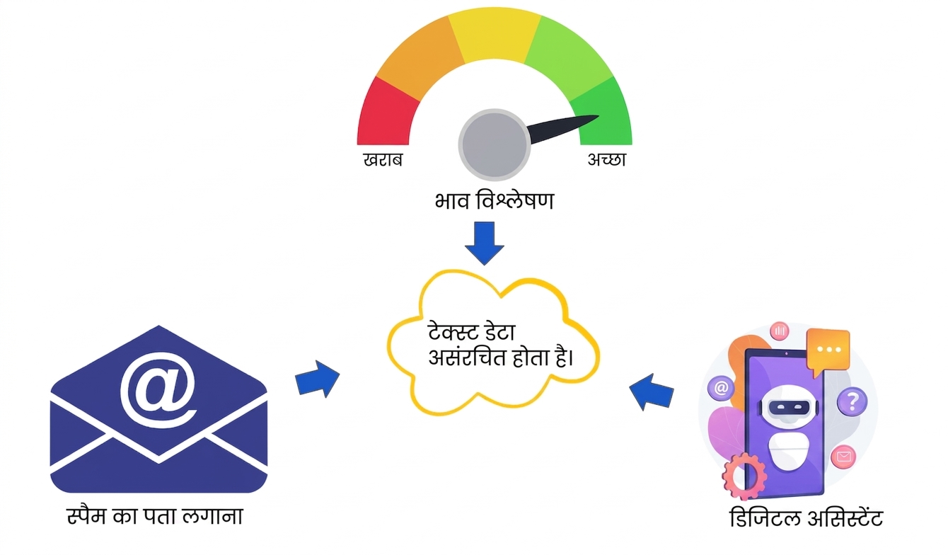 भाव-विश्लेषण, स्पैम डिटेक्शन, और डिजिटल असिस्टेंट दिखाती एक छवि