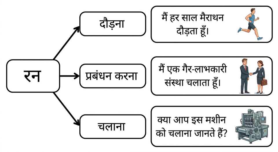 पिछले चित्र में और संदर्भ जोड़ते हुए, उदाहरणों से अलग-अलग अर्थों का समर्थन.