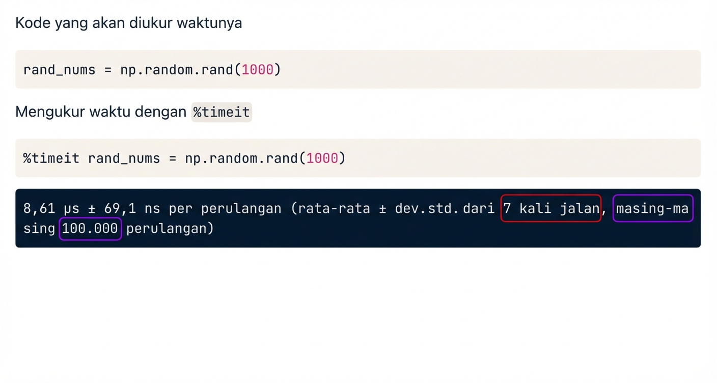 alt="Keluaran perintah sihir timeit dengan jumlah run dan loop disorot"
