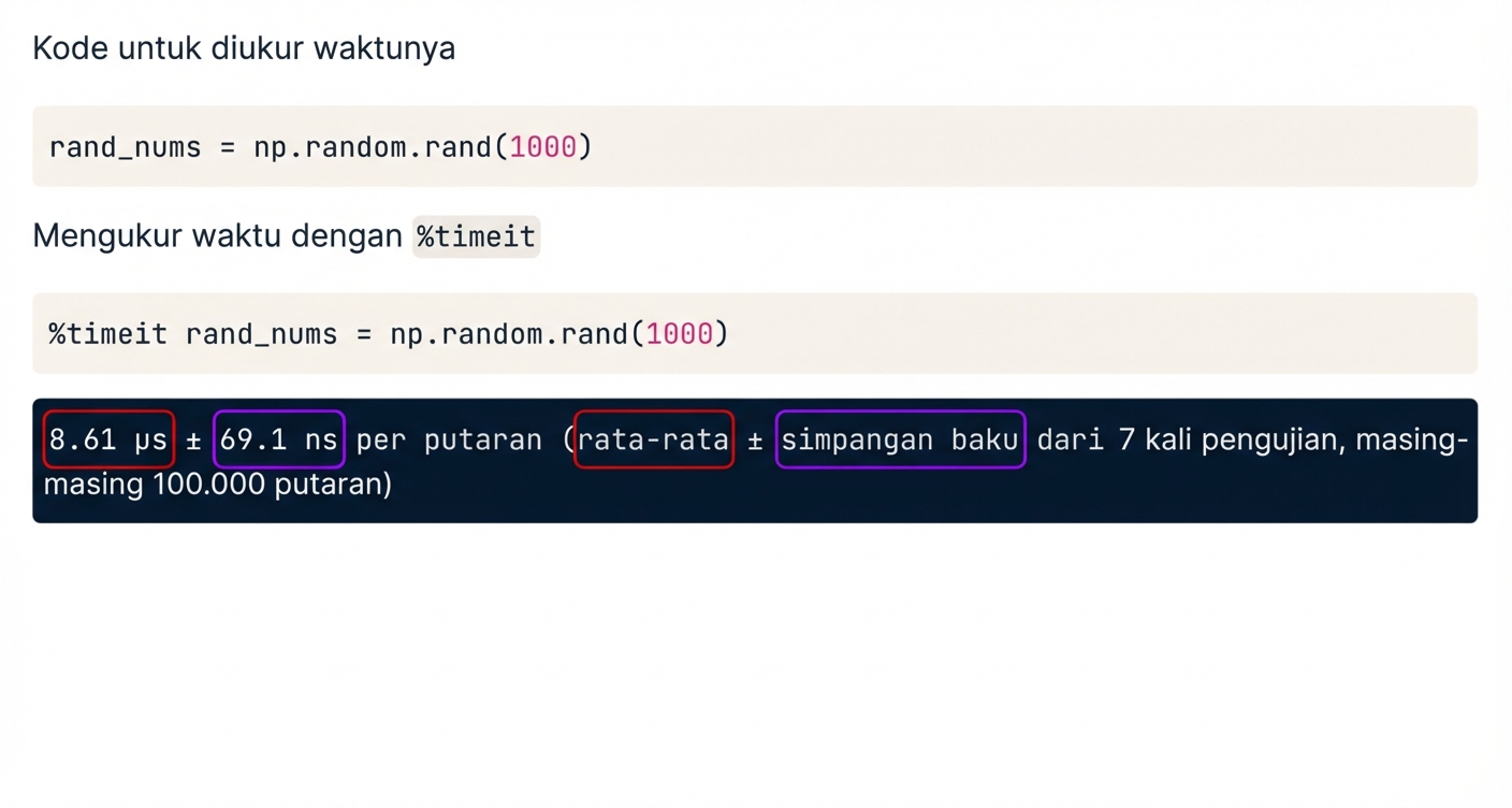 alt="Keluaran perintah sihir timeit dengan nilai mean dan standar deviasi disorot"