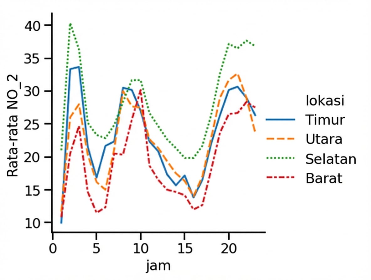 Line plot rata-rata nitrogen dioksida terhadap waktu per wilayah