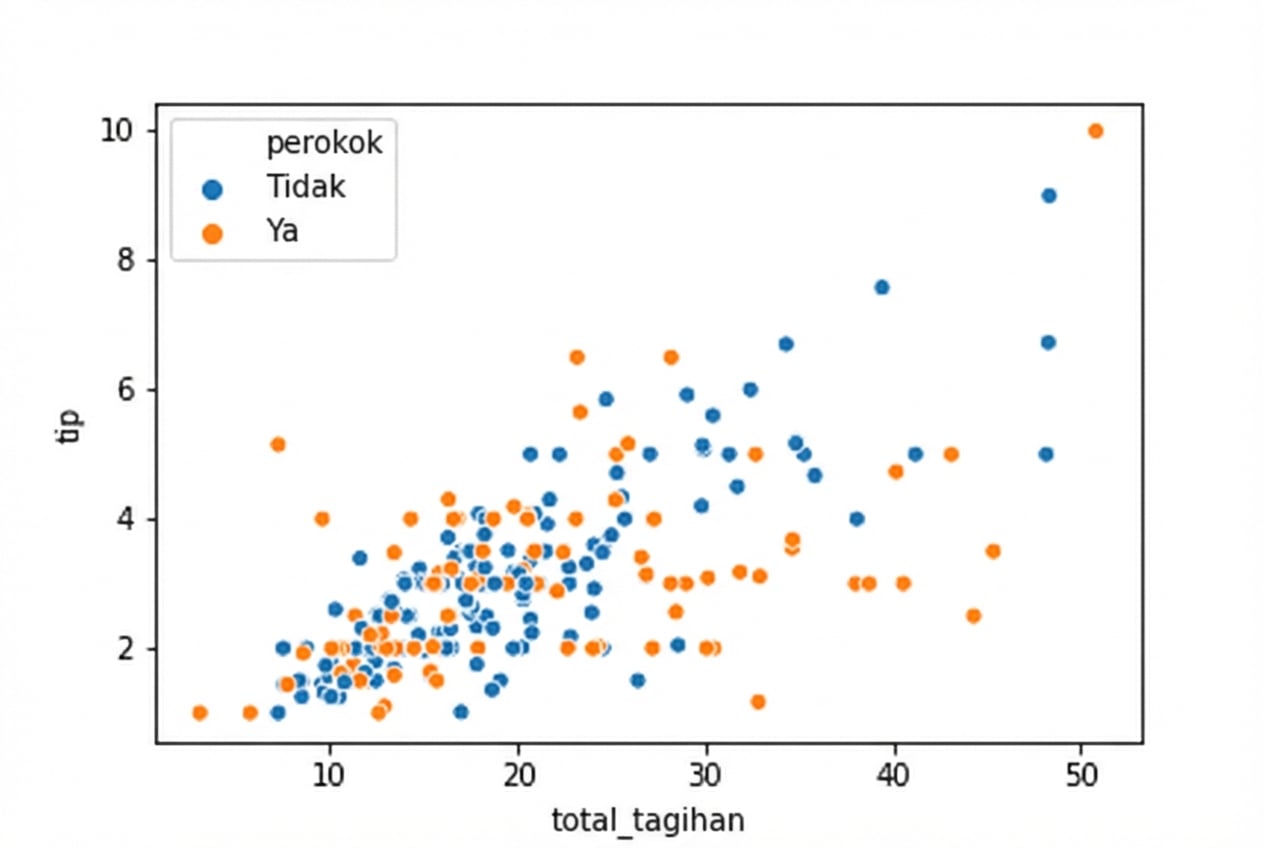 Scatter plot dengan titik diwarnai berdasarkan status merokok