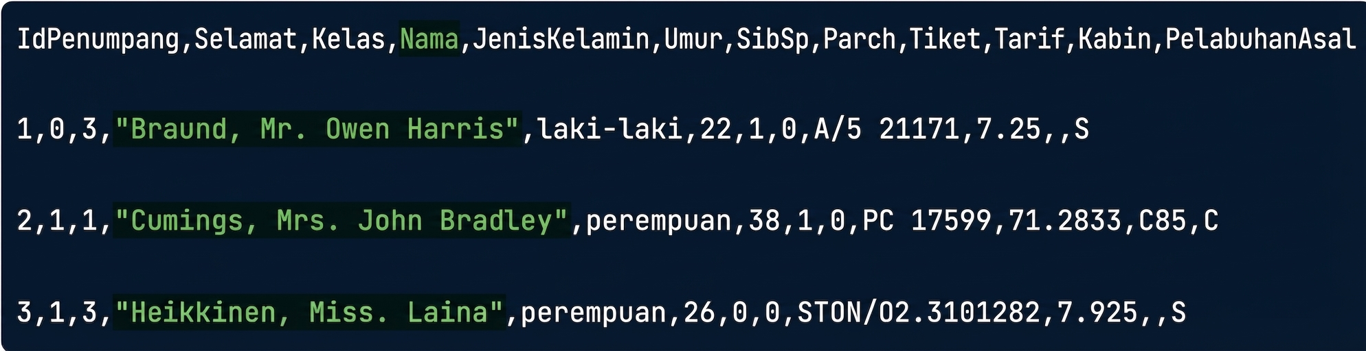 titanic.csv dengan satu kolom disorot