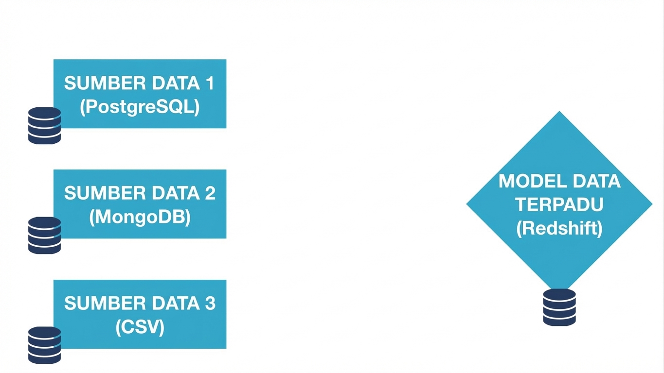 Tiga sumber data dengan format berbeda tidak terhubung ke model data terpadu yang berupa gudang data Redshift
