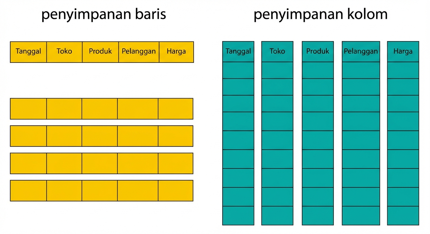 Diagram membandingkan penyimpanan row-store dan column-store