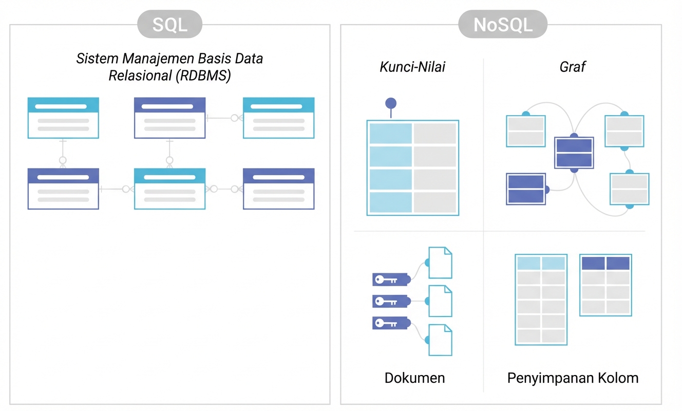 Diagram membandingkan penyimpanan DBMS SQL dan NoSQL.