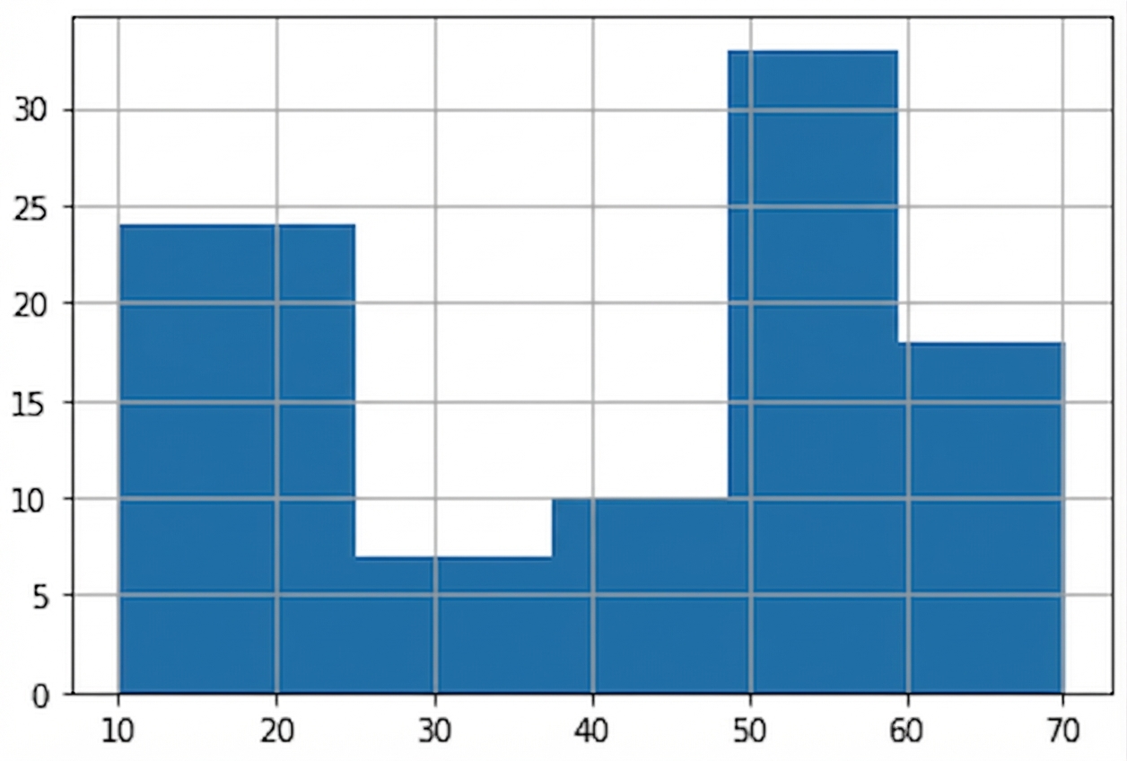 Histogram tinggi anjing yang sama yang ditampilkan pada slide sebelumnya, tetapi sekarang dengan lima interval lebar.