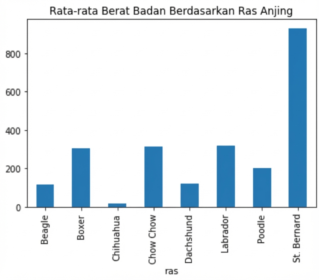 Grafik batang yang sama seperti di sebelah kiri layar, tetapi dengan judul tambahan yang berbunyi "Rata-rata Berat Badan Menurut Ras Anjing."