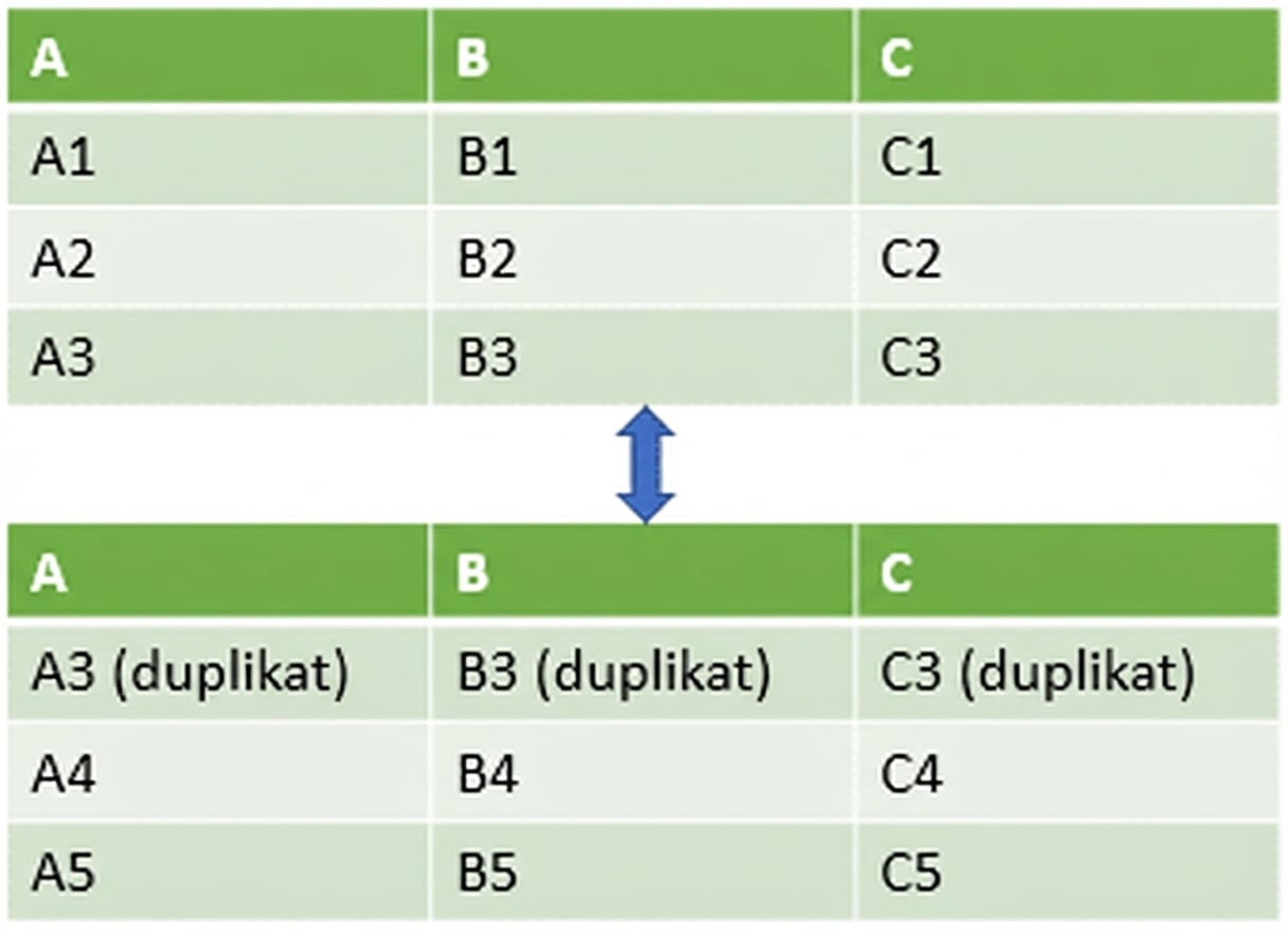 Dua DataFrame digabung vertikal dengan baris duplikat di DataFrame kedua