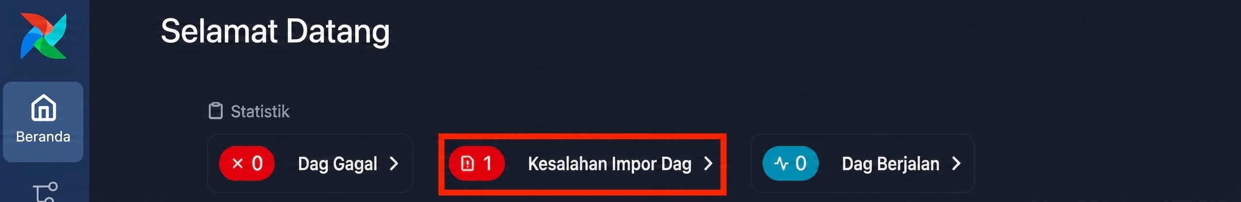 Halaman selamat datang Airflow menampilkan peringatan error impor Dag