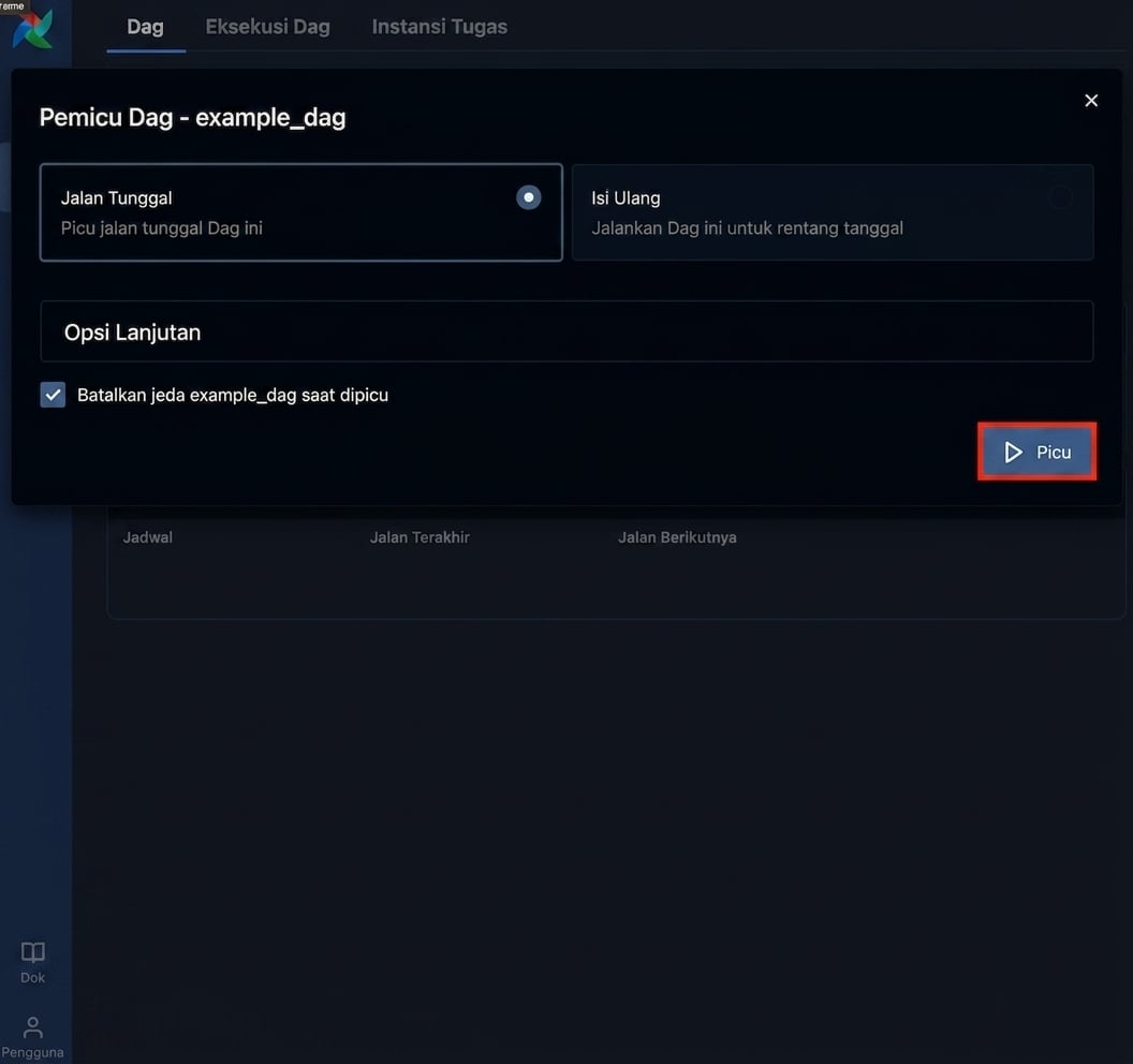 Popup trigger Dag Airflow dengan opsi run bawaan dan tombol Trigger