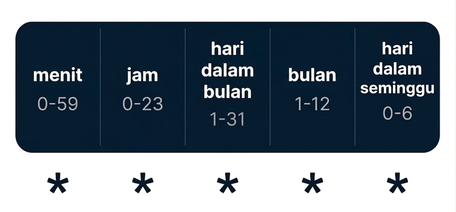 Diagram sintaks cron dengan lima kolom waktu dipisah spasi